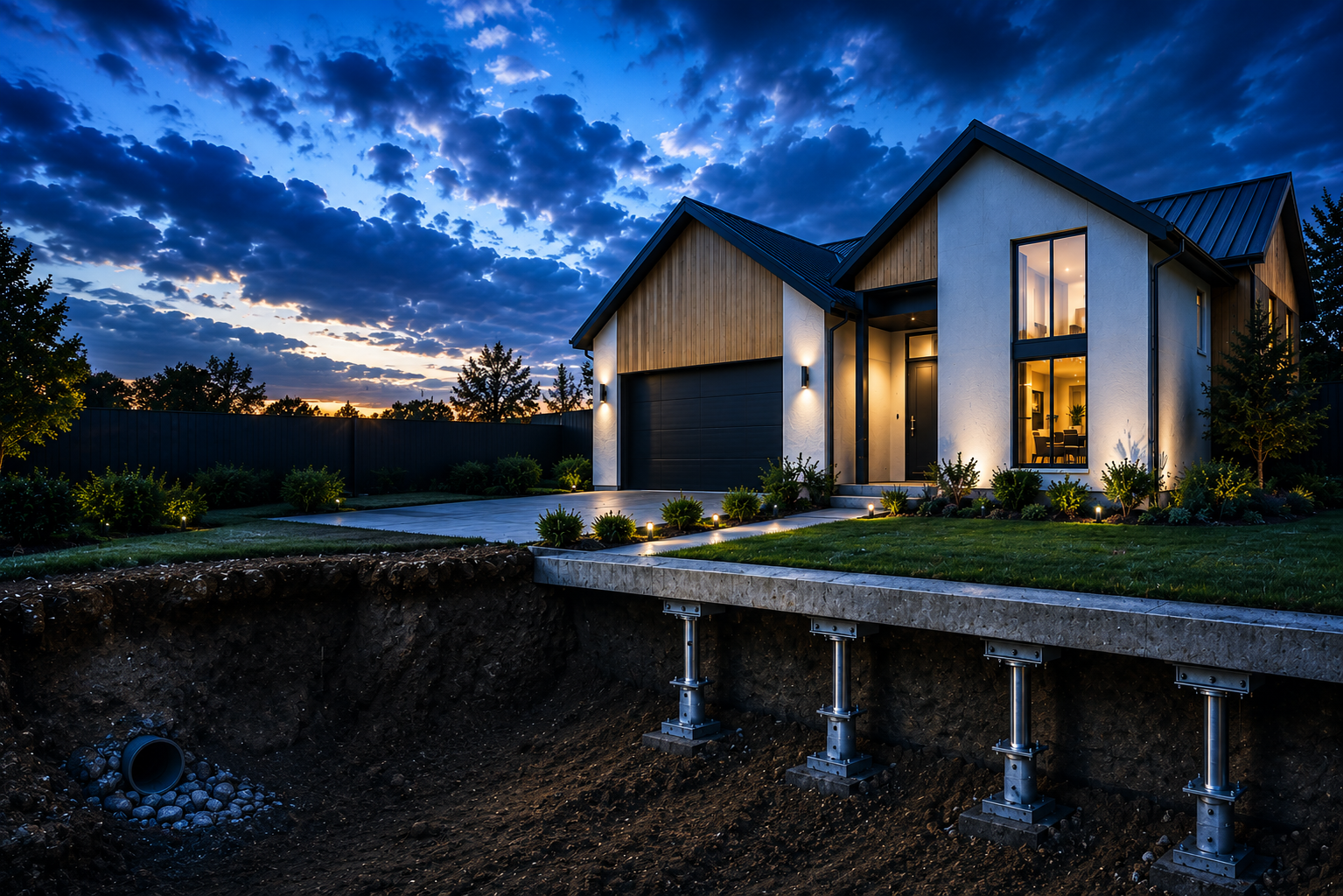 Modern home at dusk showing the adjustable steel pier foundation system exposed beneath it.